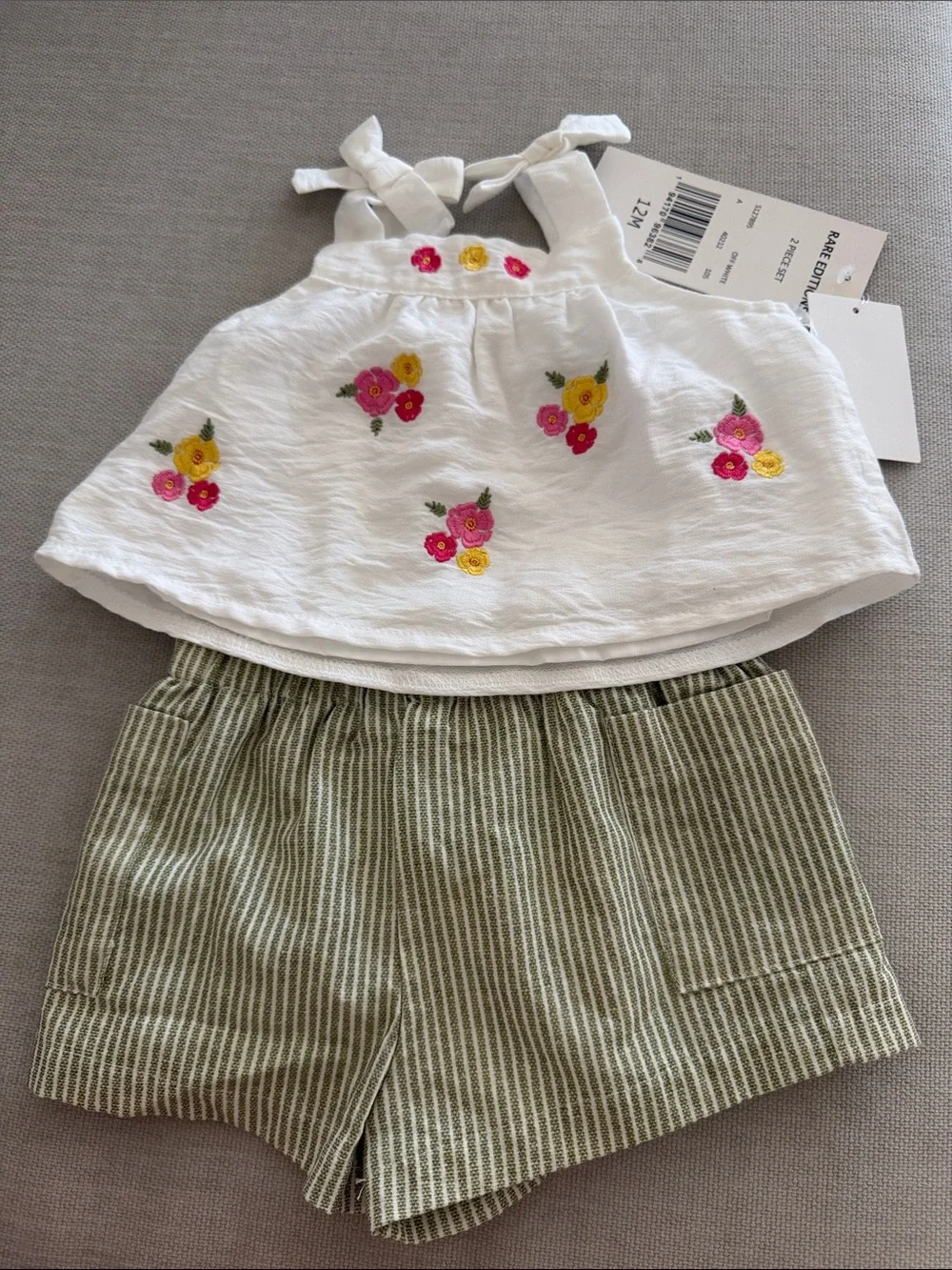 Rare Editions White Floral Embroidered Tank & Green Stripe Shorts Set